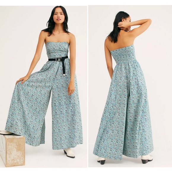 Free People Pants - Free People Mustang Blue Tea Combo Wide Leg Floral
